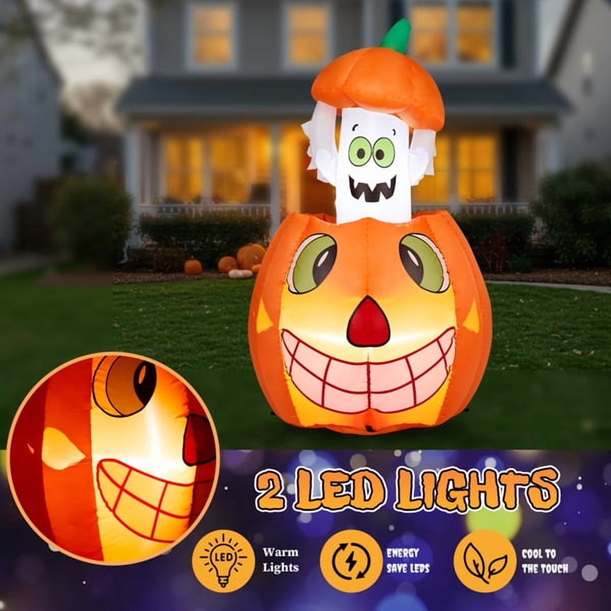 2.8FT Halloween Inflatable Animated Pumpkin Ghost, 2 White LED Lights, Weather-Resistant Polyester, for Small Spaces/Accent Decor