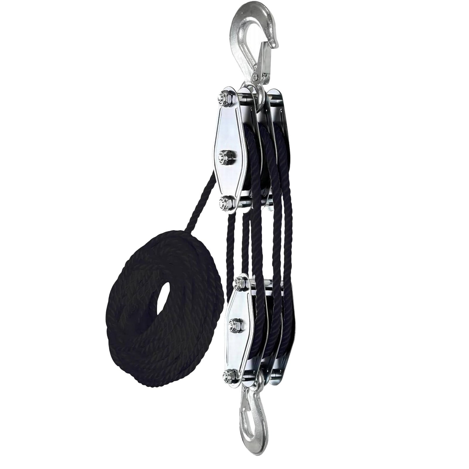 Block and Tackle Pulley System Upgraded 3-Wheel Rope Pulley Hoist 8:1 Lifting Power 2200LB Work Load with 49.2Ft of 1/4 Rope Ultra-Compact Rope Hoist for Garage Hunting Heavy Lifting Black