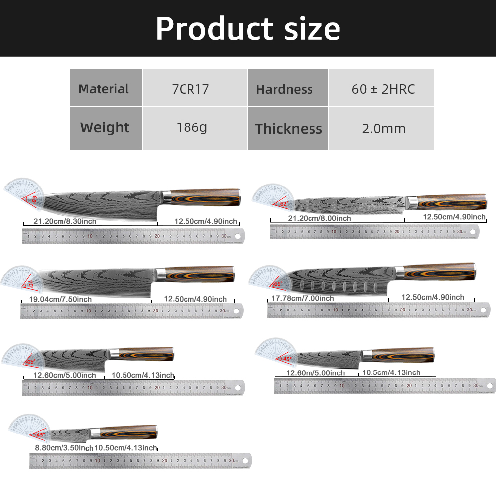 7Pcs Kitchen Knives Set, High-Carbon Steel Damascus Laser Chef Knife with Ergonomic Wooden Handle,Sharp Cutting Knives for Cooking