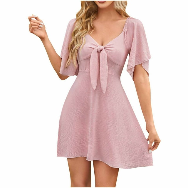 Staron Robe Femme Nœud Papillon Fluide Ligne A Robes d'Été Plage Décontractée Ample Col en V Élégante Manches Courtes Robe Rose G