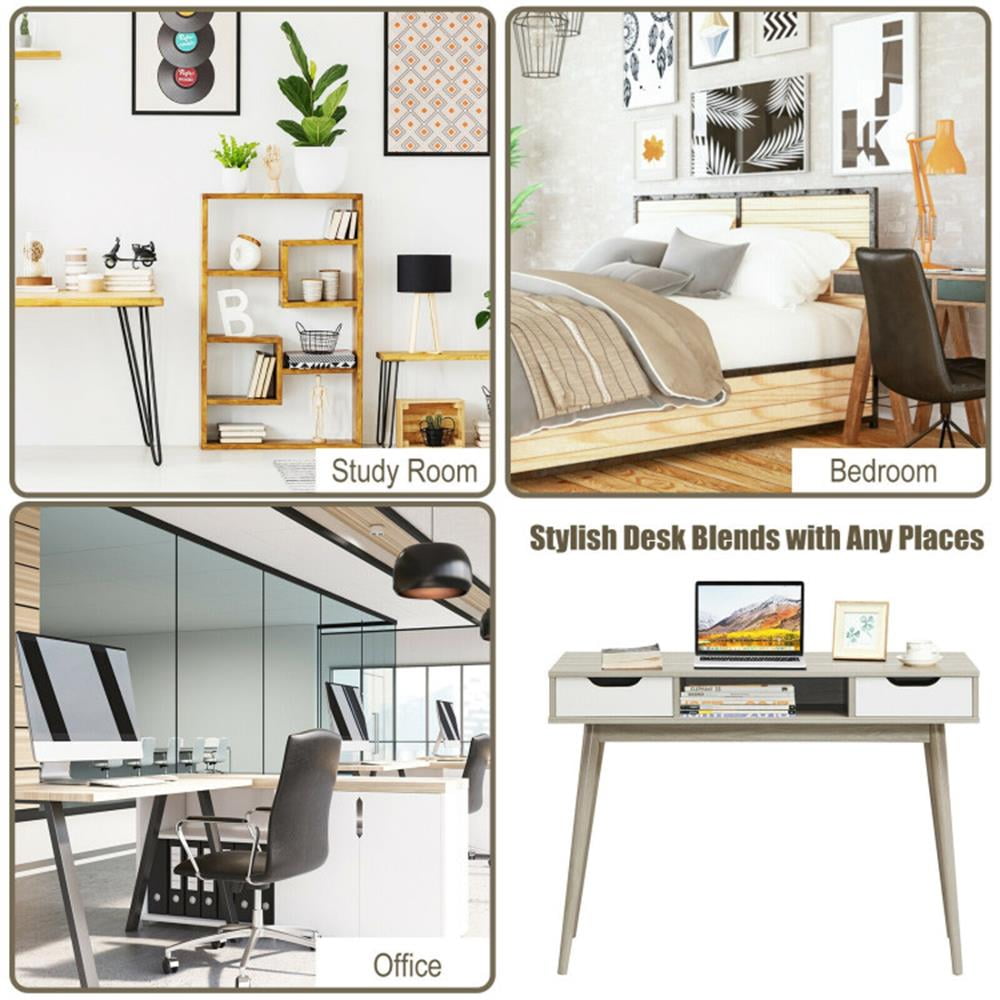 Demi Bonn Stylish Computer Desk Workstation with 2 Drawers and Solid Wood Legs, Small Home Office Desk Study Writing Table, Gray