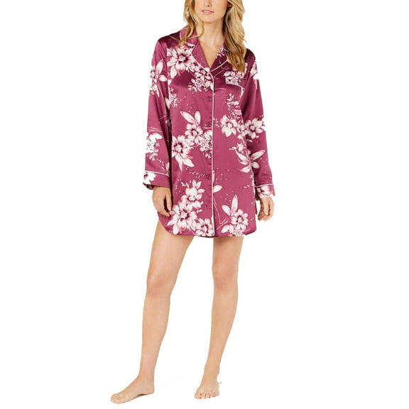 Linea Donatella Sleepy Head Flower-Print Satin Sleepshirt (Purple, S)