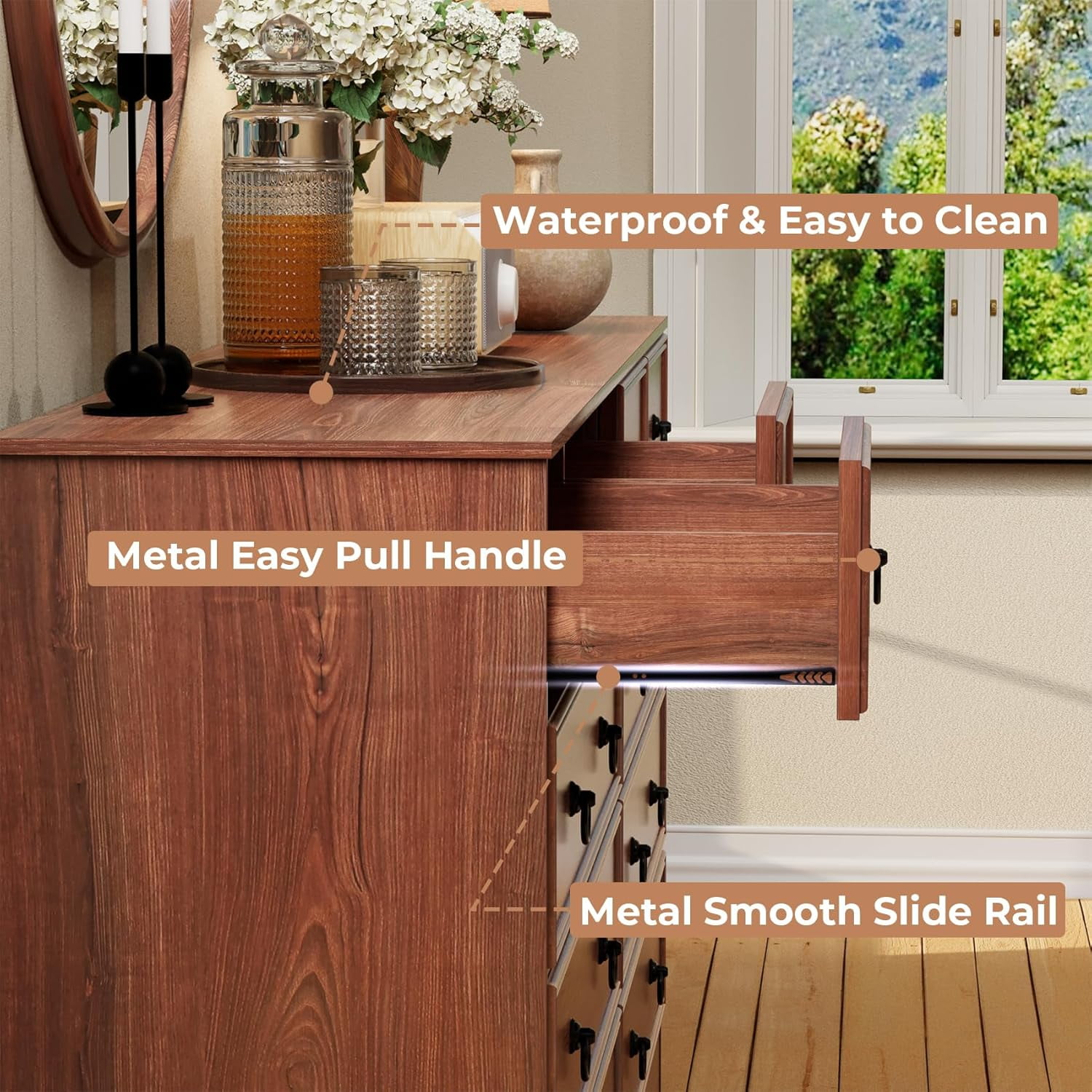 Meteorleg 10 Drawers Dresser for Bedroom, 55.2 Inch Wide Large Dressers & Chests of Drawers, TV Stand for 65 inch, Storage Organizer Furniture, Hallway, Entryway, Closet,Cherry
