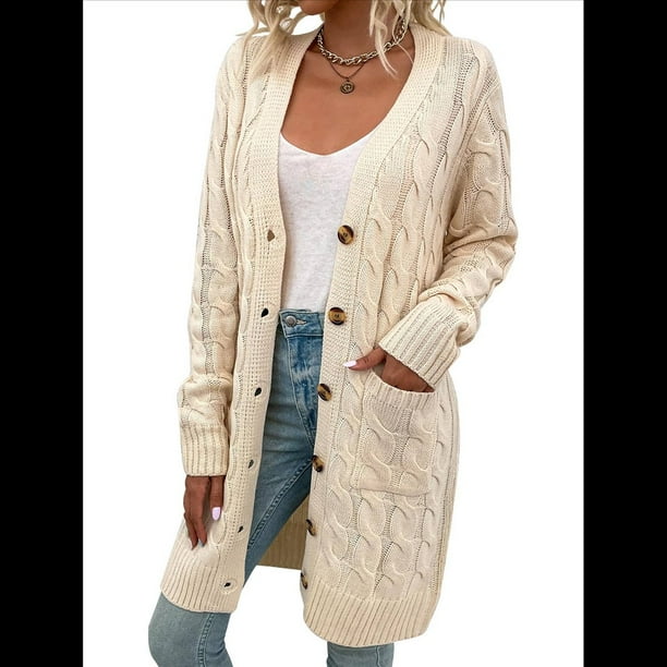Suéter Cárdigan de Larga para Mujer, Otoño e Invierno, Tejido de Punto , con Botones Delanteros, Abrigo Crema XL
