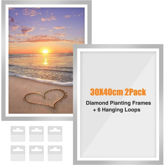 shiyou-Upgraded 2Pack Diamond Painting Frames for 30x40cm Canvas, Magnetic Self-Adhesive Art Frame With Hooks for Wall Window Door (Silver)