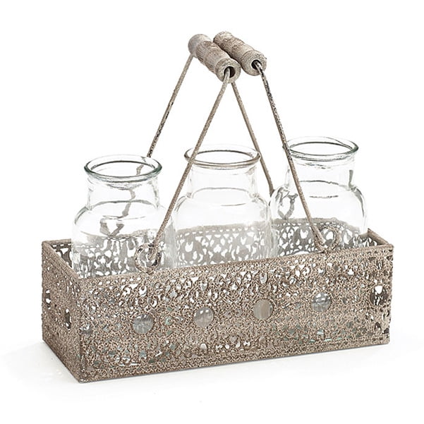 Rustic Metal Lace Basket with 3 Milk Jug Vases