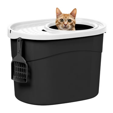 IRIS Large Top Entry Cat Litter Box with Litter Catching Lid & Scoop|Enclosed Design, Black/White