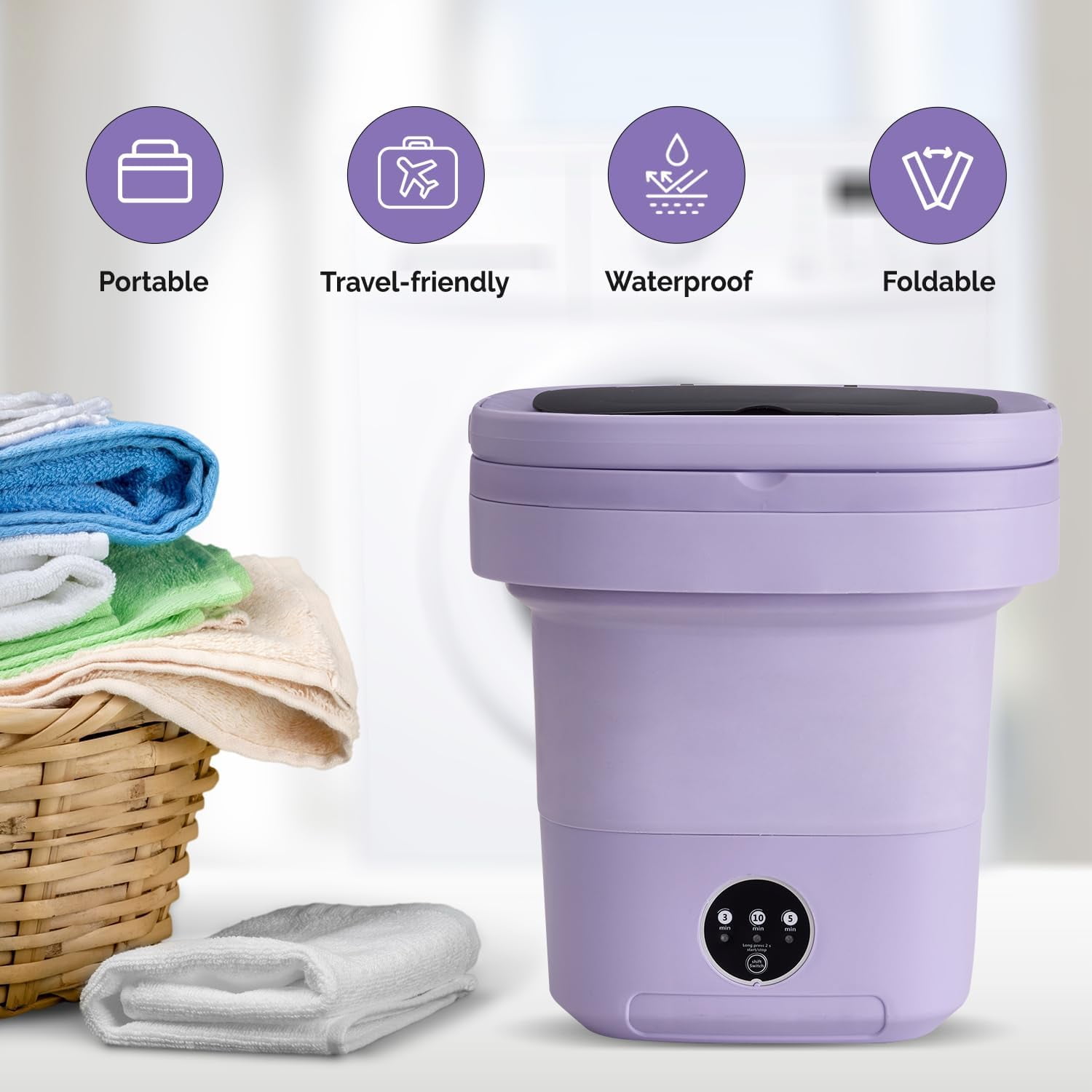 Portable Washing Machine, 11L Mini Washer for Apartments, RV & Travel | Folding Clothes Washer with Spin Basket & 3 Modes | Compact Washing Machine for Underwear, Baby Laundry & Small Loads (Purple)
