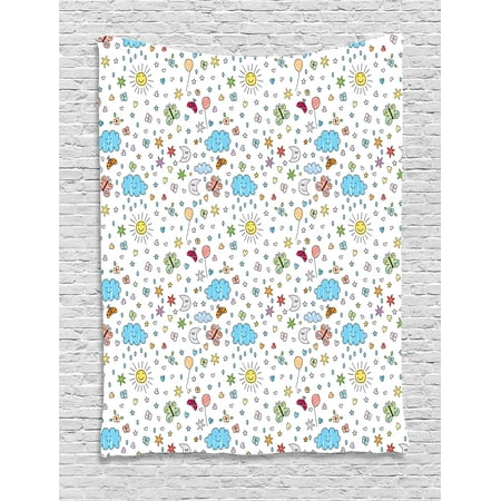 - Kids Tapestry, Joyful Day in Nature Theme Clouds Butterflies Smiling Sun Ladybugs and Flowers Sketch, Wall Hanging for Bedroom Living Room Dorm Decor, 40W X 60L Inches, Multicolor, by Ambesonne