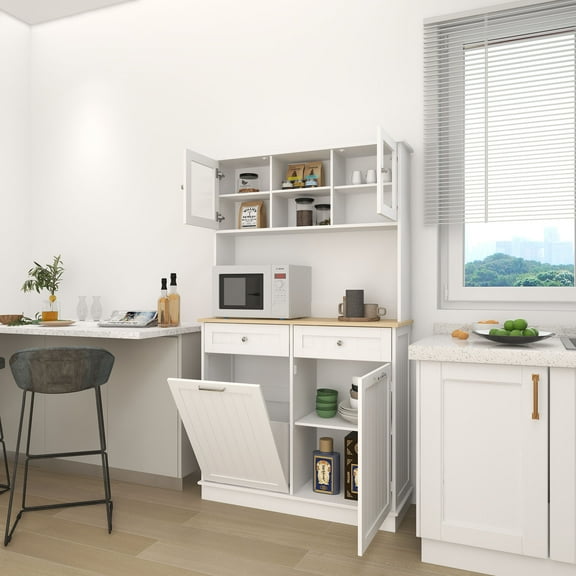 CQSXDA Kitchen Trash Can Storage Cabinet 67.7 Inches White With 3 Adjustable Shelves 2 Drawers Perfect For Home Organization