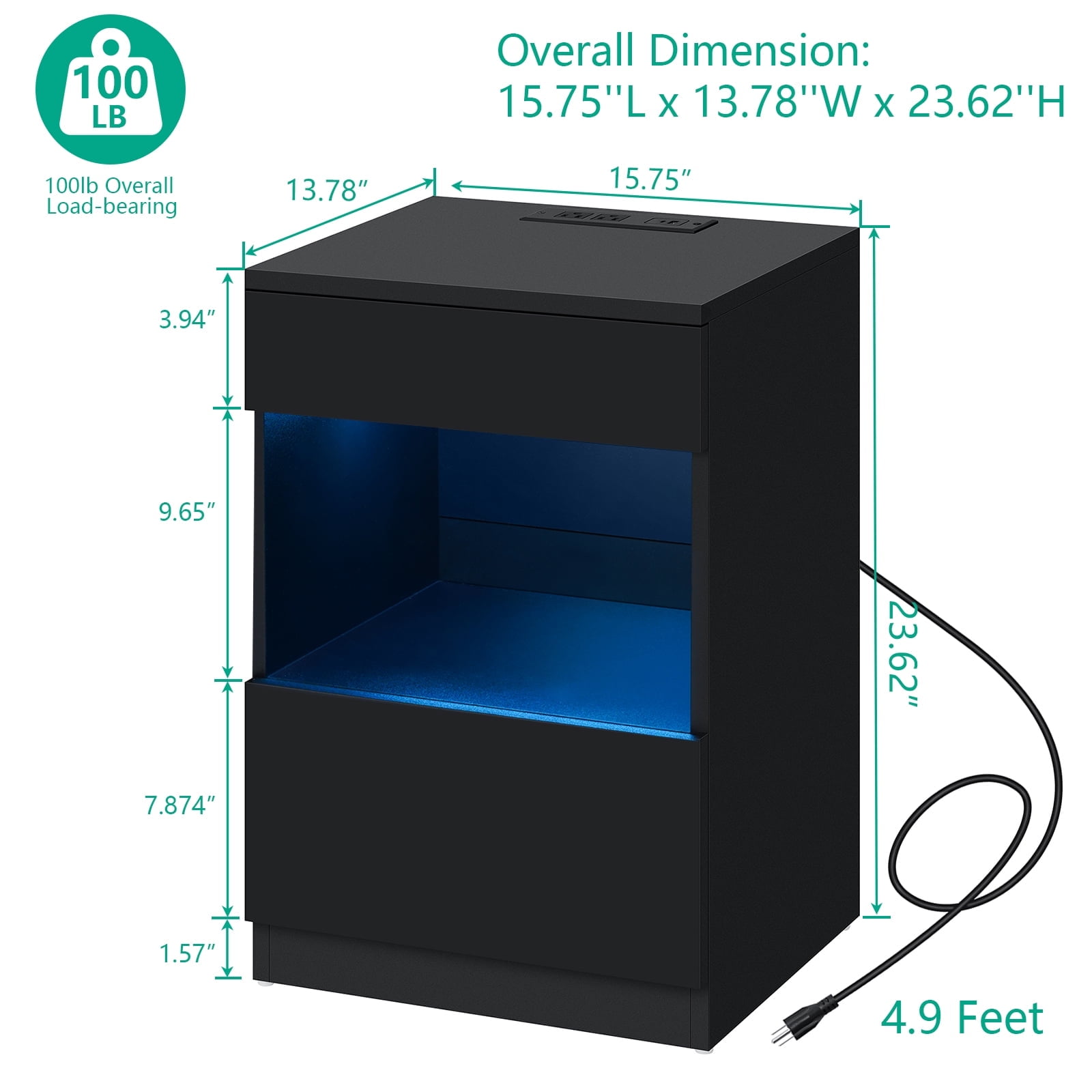 Hommpa Nightstand with Charging Station Nightstands with 2 Drawer Open Shelf Nightstands Black Nightstands High Gloss LED End Table Nightstands for Bedroom Living Room Furniture 23.6" Tall