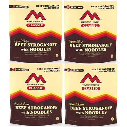 Mountain House Classic Beef Stroganoff with Noodles | 30 Years Long Shelf Life Freeze Dried Backpacking & Camping Food | 12 Servings- 4 Pouches