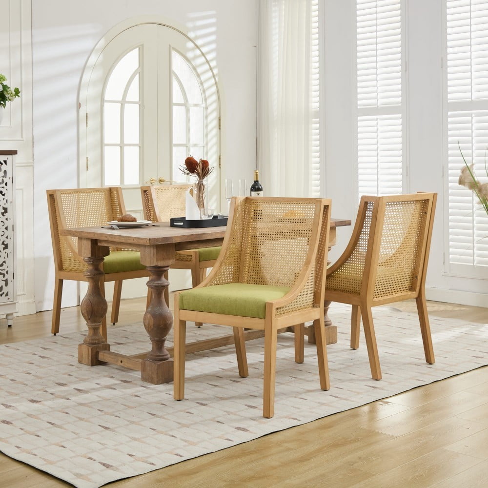 Rattan Dining Chair with Arms, Solid Wood Frame, Linen Upholstered Seat, Rustic Farmhouse Side Chair for Kitchen, Dining Room, Living Room, Olive Green