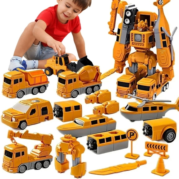 Unbranded 35Pcs Magnetic Engineering Truck Set with Storage Box, Transforming Construction Vehicle Toys for Kids Boys Girls Ages 3-8