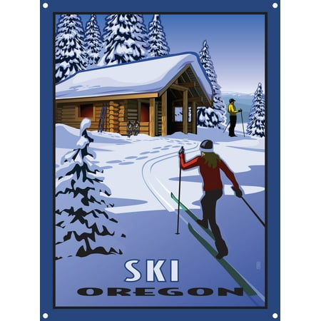 Classic Cross Country Ski - Ski Oregon Cross Country Skiers & Cabin Metal Art Print by Paul Leighton (9
