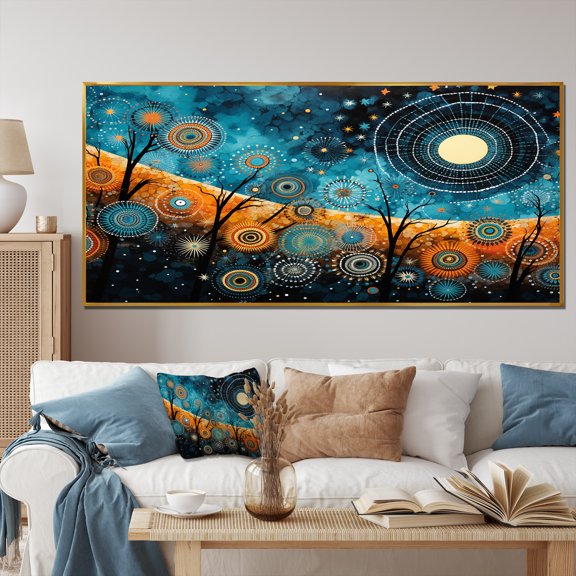 Designart "Tribal Boho Moon Mosaic" Oversized Geometric Framed Wall Art - Bohemian Orange Boho Mosaic Entryway Framed Wall Art Print