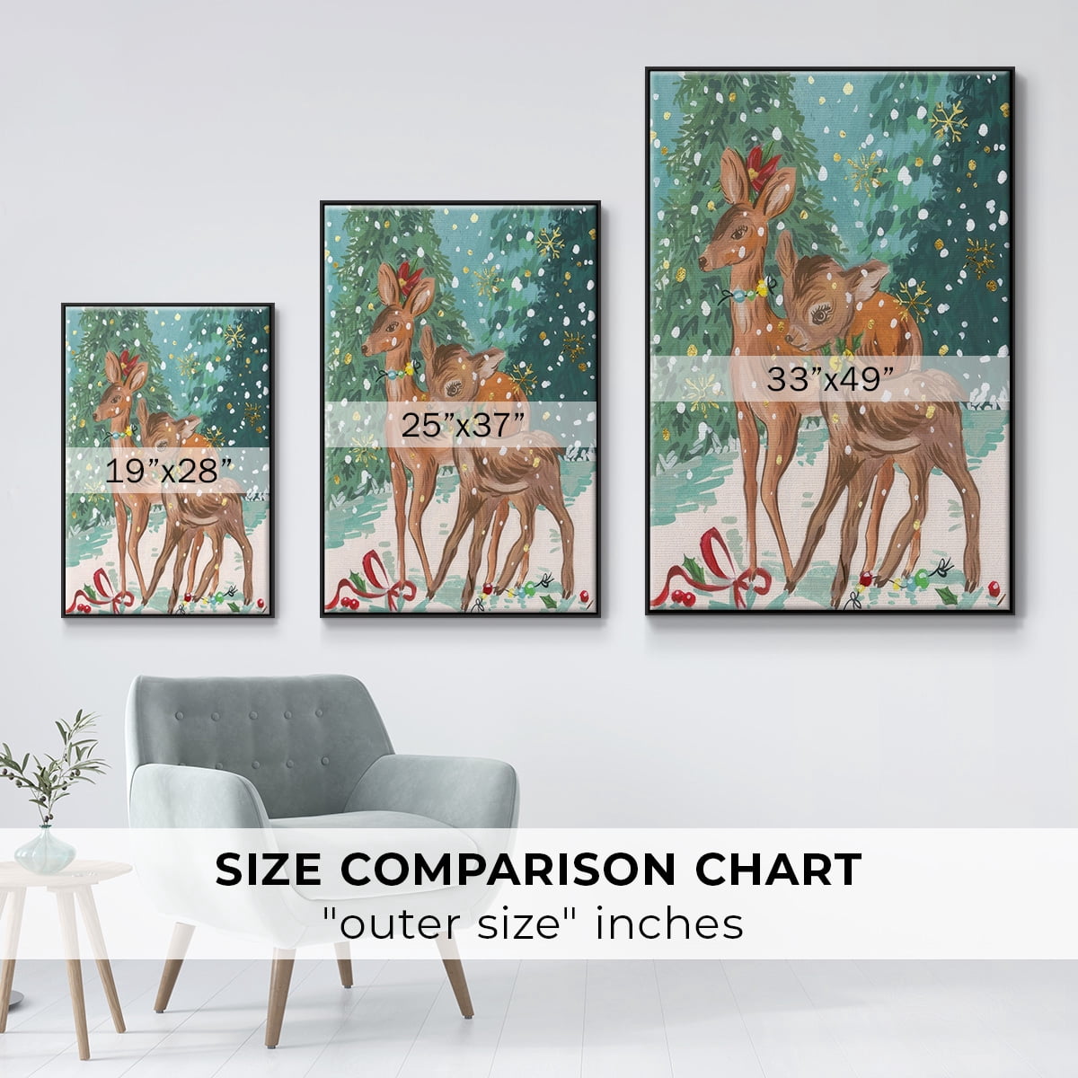 Doe and Fawn I - Framed Gallery Wrapped Holiday Canvas - 25 x 37 - Black Frame