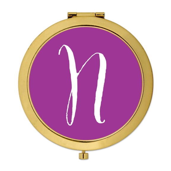 Koyal Wholesale Gold Compact Mirror Bridesmaid's Wedding Gift, Plum Purple, Monogram Letter N, 1-Pack