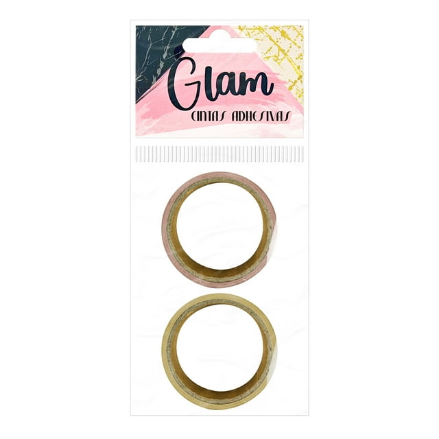 Cintas Adhesivas Prichos Glam Multicolor de Plastico y Adhesivo 2 Piezas por Empaque, dos rollos de cinta adhesiva en colores rosa y amarillo con acabado plástico brillante, ideales para decorar y organizar artículos de papelería y oficina, también usadas para personalizar espacios escolares y de trabajo.