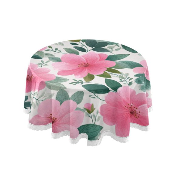 Round Single Sided Printed Tablecloth, 60 Inch Polyester Round Table Cover with White Lace Trim, Wrinkle Resistant Decorative Table Cloth for Home Pink Floral Light Leaves