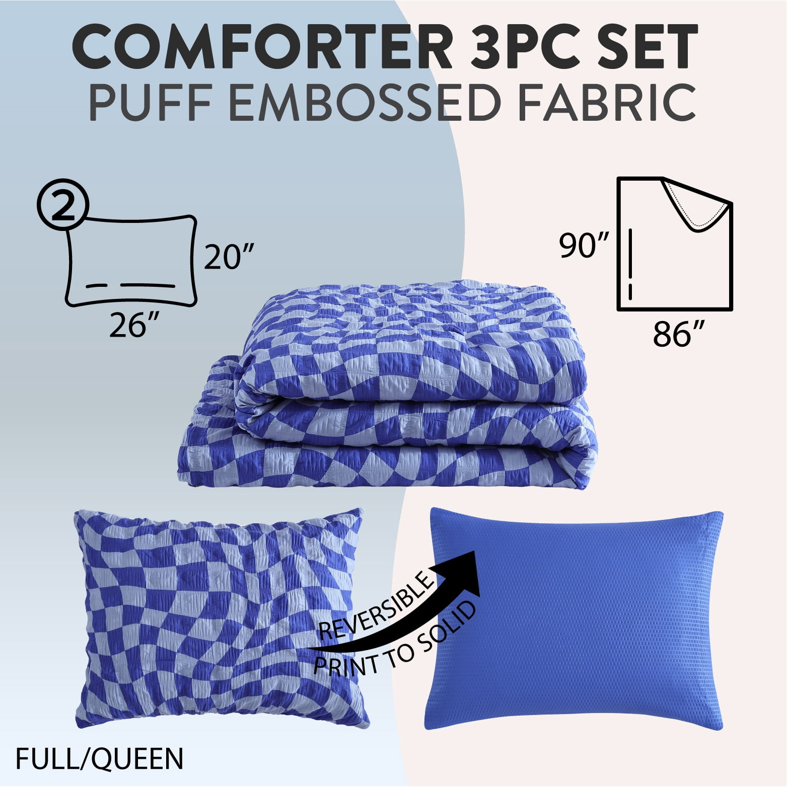 Urban Shop 3 Piece Textured Blue Check Comforter Set, Full/Queen