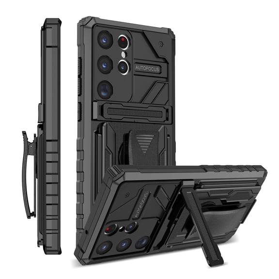 LHNUNP for Samsung Galaxy S23 Ultra Case with Camera Cover, Built-in Kickstand & Belt Clip Holster Rugged Anti-Drop Shockproof Bumper Cover, Black