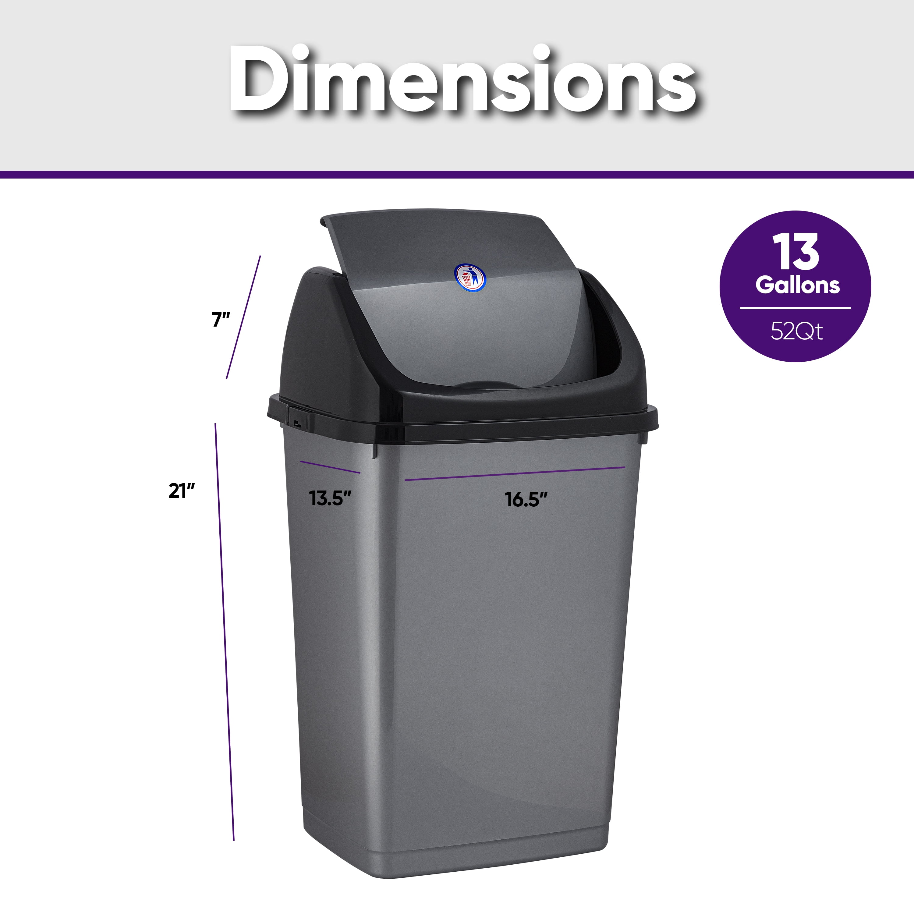 Superio Large Kitchen Trash Can 13 Gallon Grey Swing Top Trash Can with Lid, 52 Qt