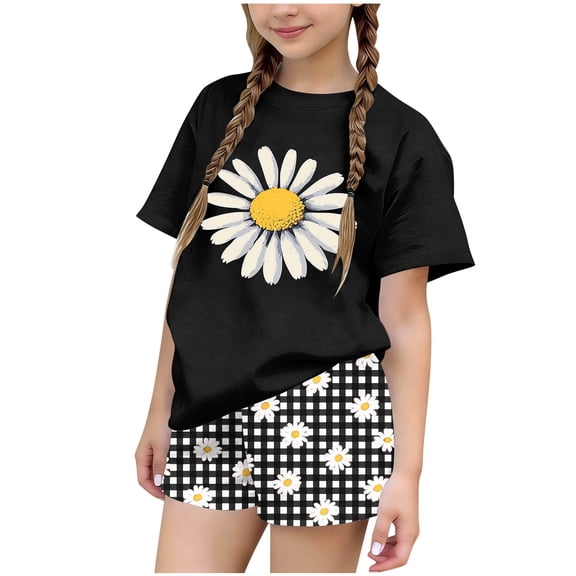 CYRBOKO Girls Summer Outfit Sets, Elastic Waist Floral Print Casual Holiday Kids Two-Piece Sets Black Size 14-15 T