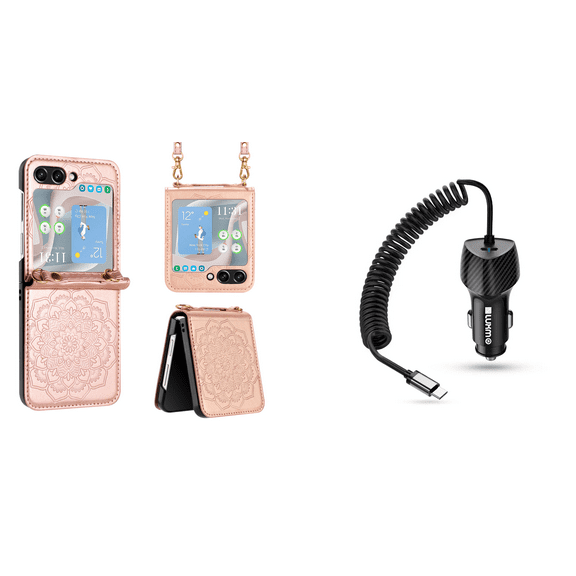 Bemz 3D Lotus Flower Clutch PU Leather Purse Cover Case for Galaxy Z Flip 5 Bundle with 40W USB-C Car Charger (Type-C Port) - 5 Foot - Rose Gold Pink