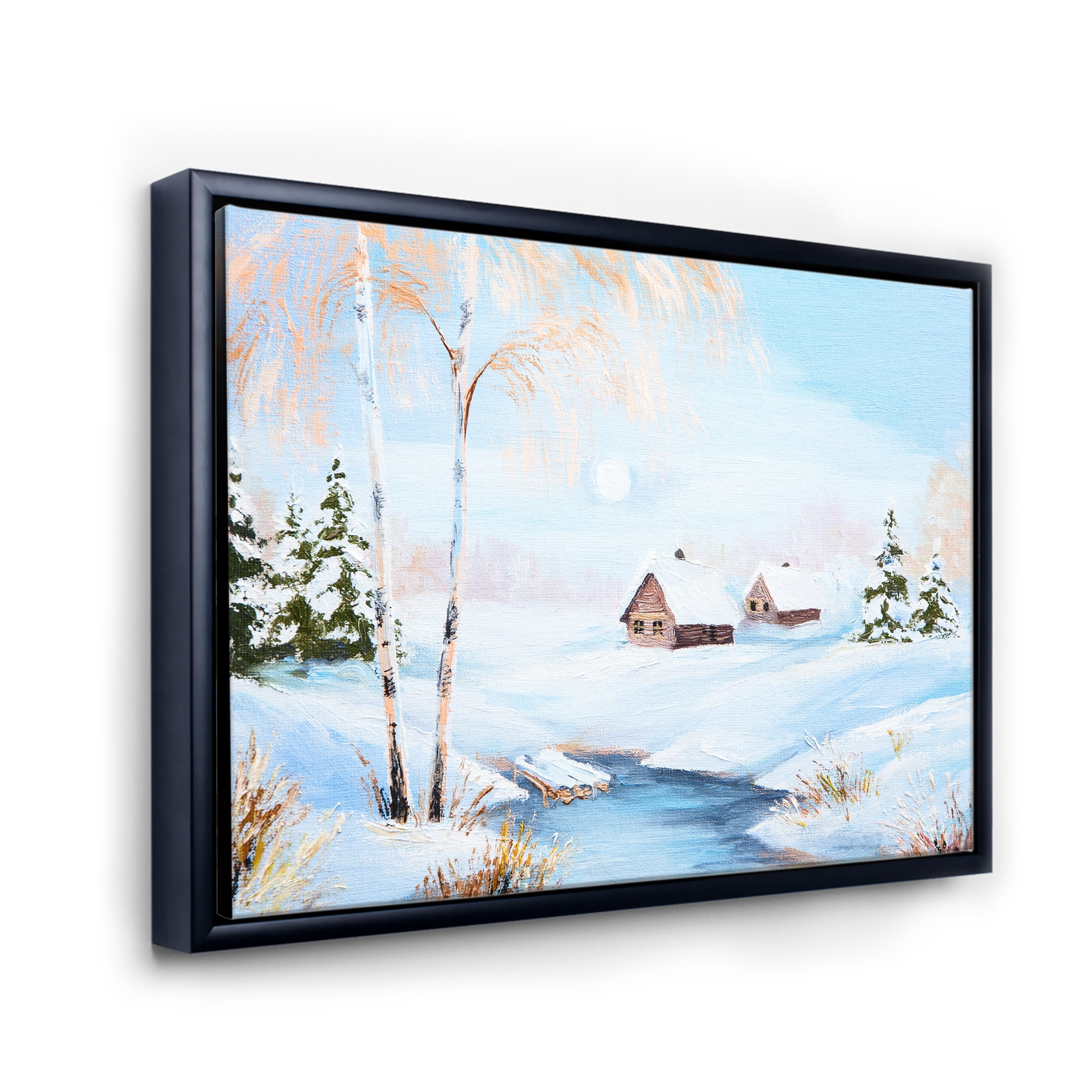 Frozen River In The Forest Winter Landscape 40 in x 30 in Framed Painting Canvas Art Print, by Designart