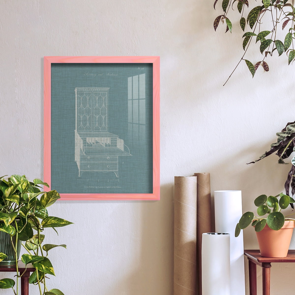 Hepplewhite Desk & Bookcase I - Framed Print w/glass - Sunset Pink