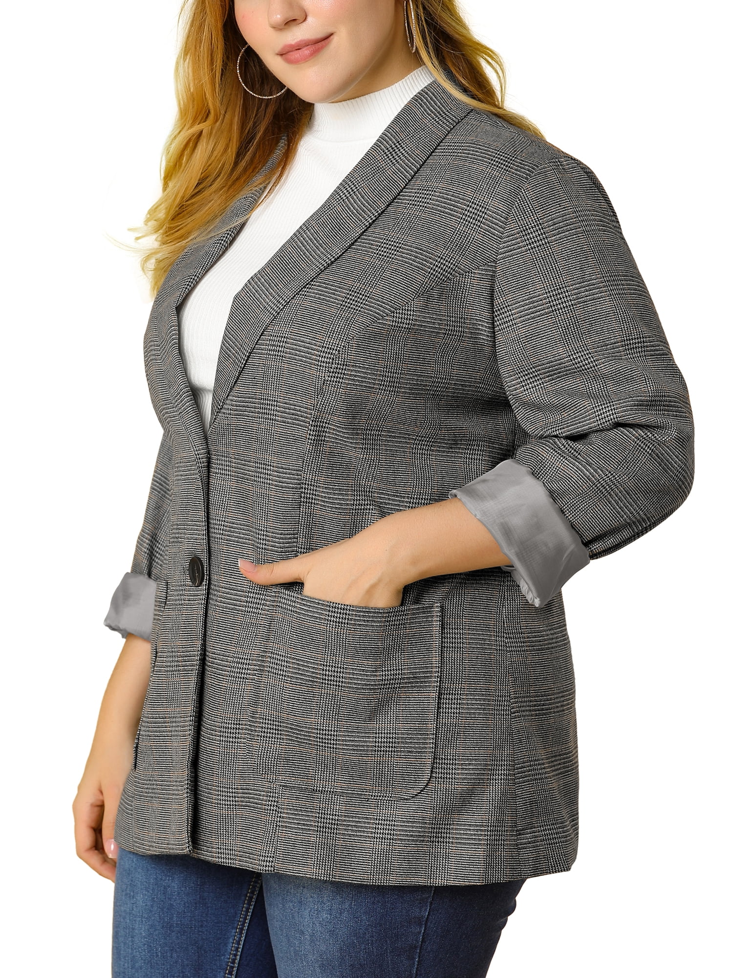 Unique Bargains Juniors' Plus Size Plaid Notched Lapel Collar Blazers