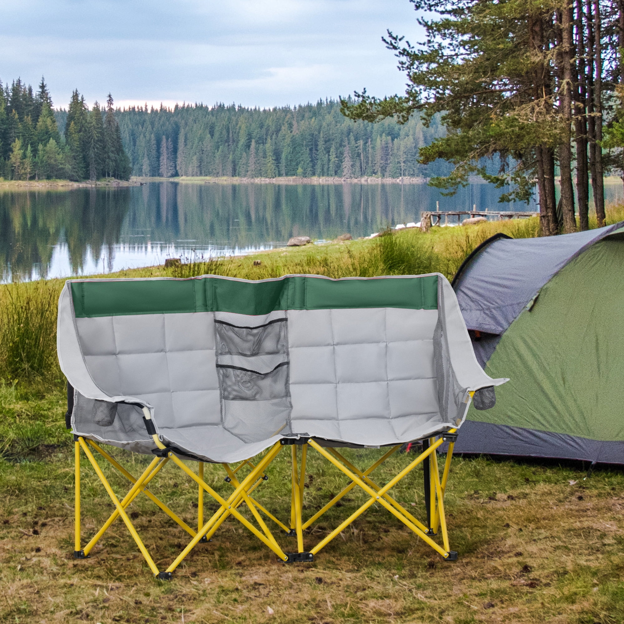 Loveseat Camping Chair, Oversized Folding Lawn Chair with Carry Bag & Cup Holders, for Outdoor, Beach, Picnic, Hiking, Travel, Green & Gray