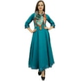 thumbnail image 1 of Bimba Kurta Classique Anarkali avec Pompons en Coton Bleu Sarcelle Évasé et Foulard - 22, 1 of 6