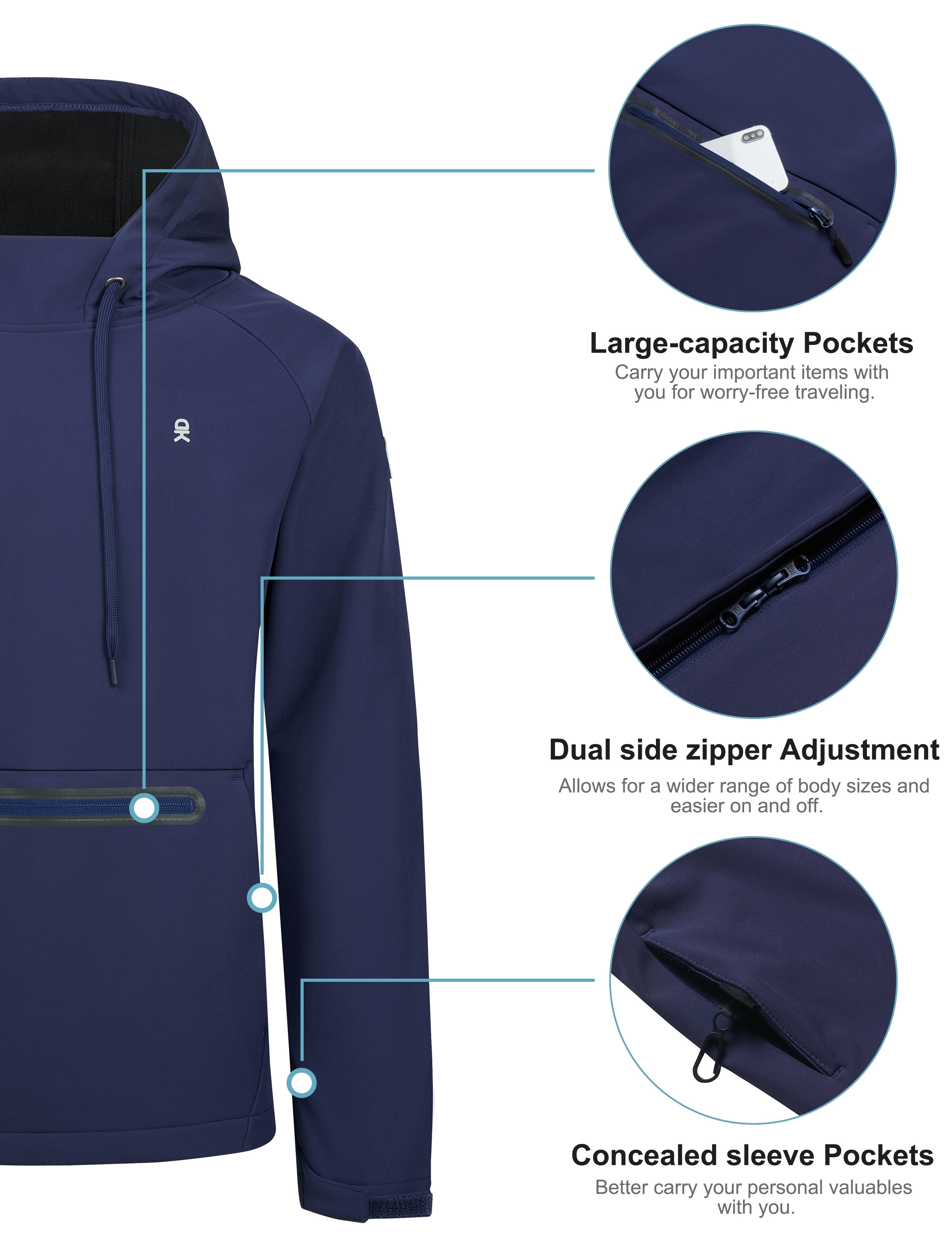 Little Donkey Andy Mens Fleece Hoodies Water Repellent, Thermal Insulation Pullover Hooded Sweatshirt UPF50+ (Dark Blue S)