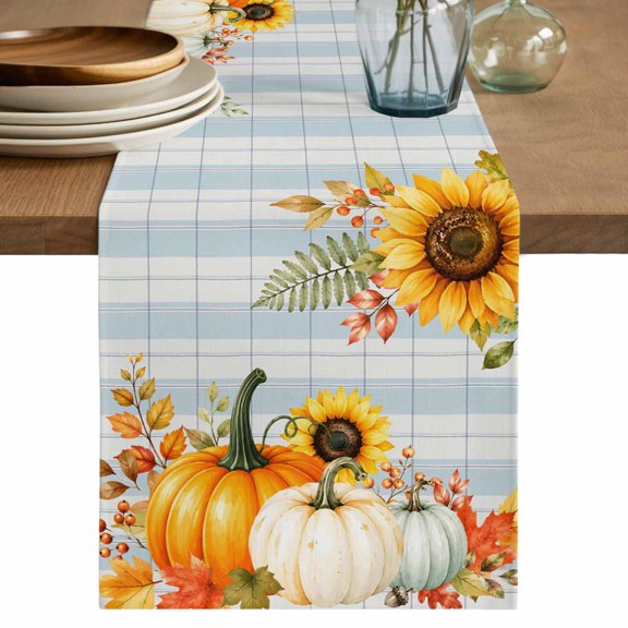 Table Runners 120 Inches Long Dress Scarves, Thanksgiving Pumpkin Farmhouse Coffee/Dining/Kitchen Table Decor Table Runner for Living Room, Fall Farmhouse Leaves Floral Plaid Blue 13x120 Inch