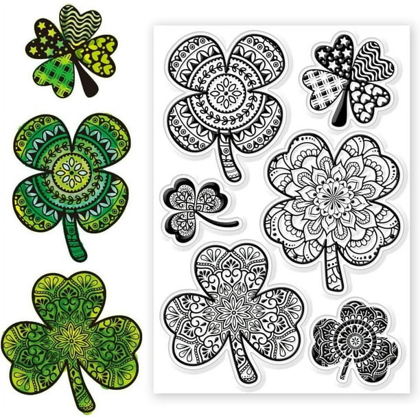 Sellos de silicona del Día de San Patricio: Sellos transparentes con fondo de mandala de trébol de cuatro hojas