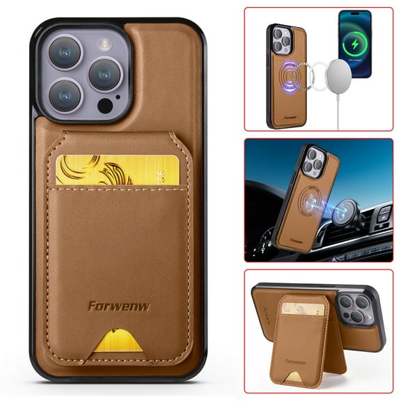 for iPhone 14 Pro Case Wallet with Card Holder for Women Men Compatible with Magsafe Wallet Detachable Magnetic 2 in 1 Stand Credit Card Slots PU Leather Shockproof Phone case-Off, Brown