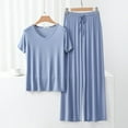 thumbnail image 2 of Women Homewear Solid Color Loose Pajamas Short Sleeve T Shirt Drawstring Wide Leg Pants Sleepwear 2 Piece Set, 2 of 6