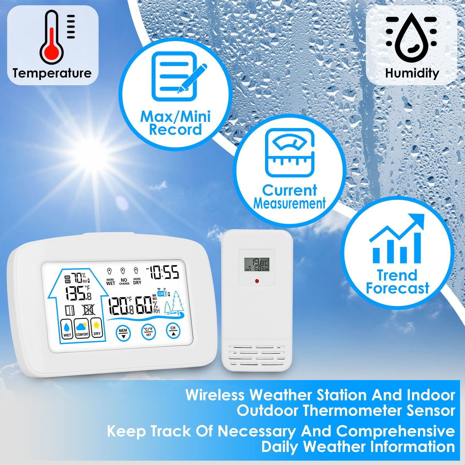 Wireless Weather Station With Clock 196FT Range Indoor Outdoor Thermometer Sensor Temperature and Humidity Monitor Humidity Forecast Battery Powered Backlight Display