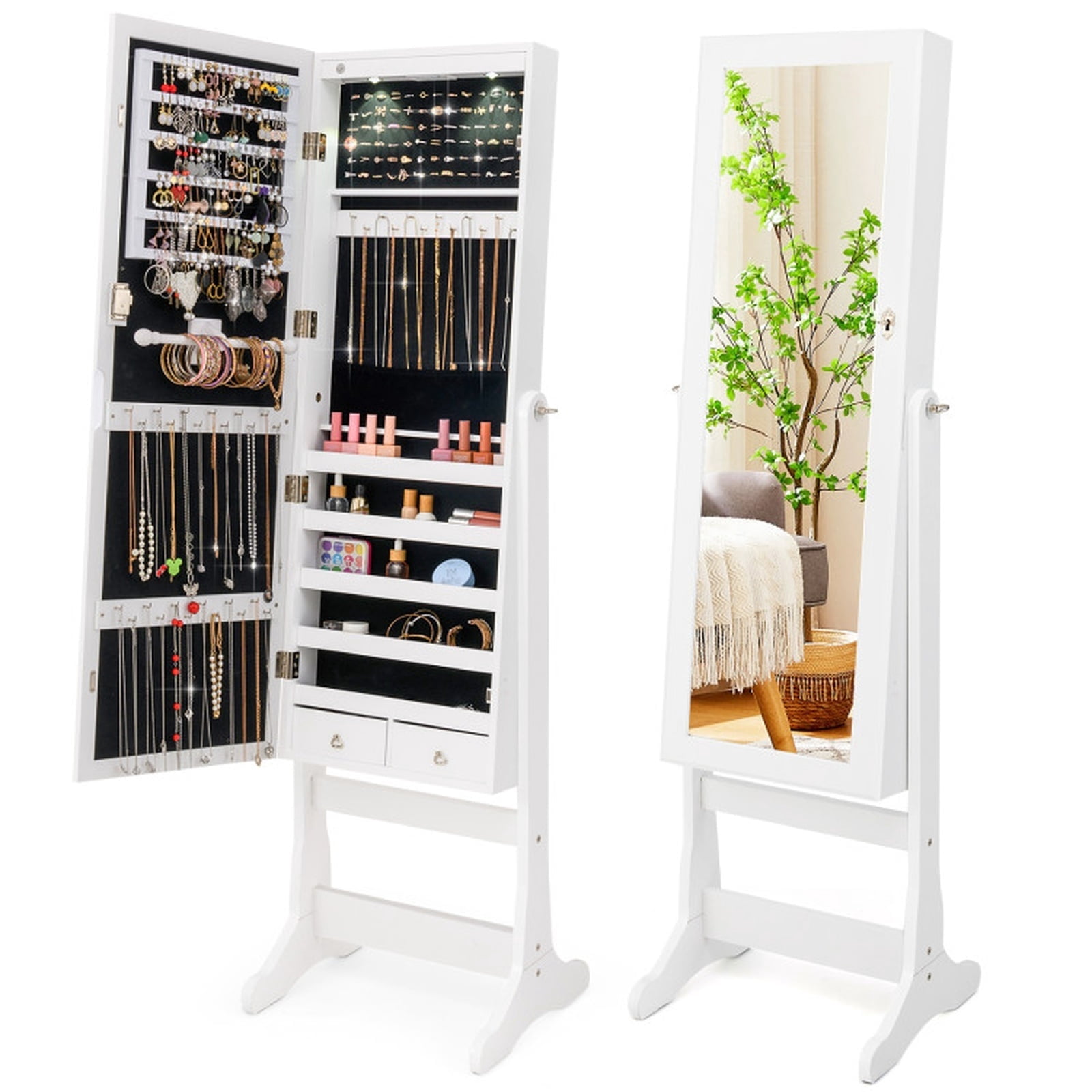 Furnibear Jewelry Armoire with Full-Length Mirror and LED Lights lockable freestanding jewelry cabinet and jewelry organizer for bedroom dressing room storage  White