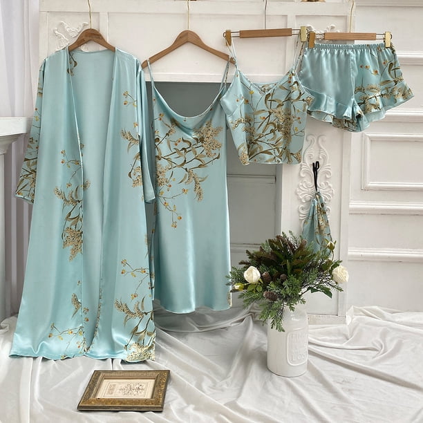 Pijama sencillo de cuatro piezas con estampado de cerezas para mujer, camisón fino, pantalones cortos con tirantes, falda con tirantes, traje para el hogar