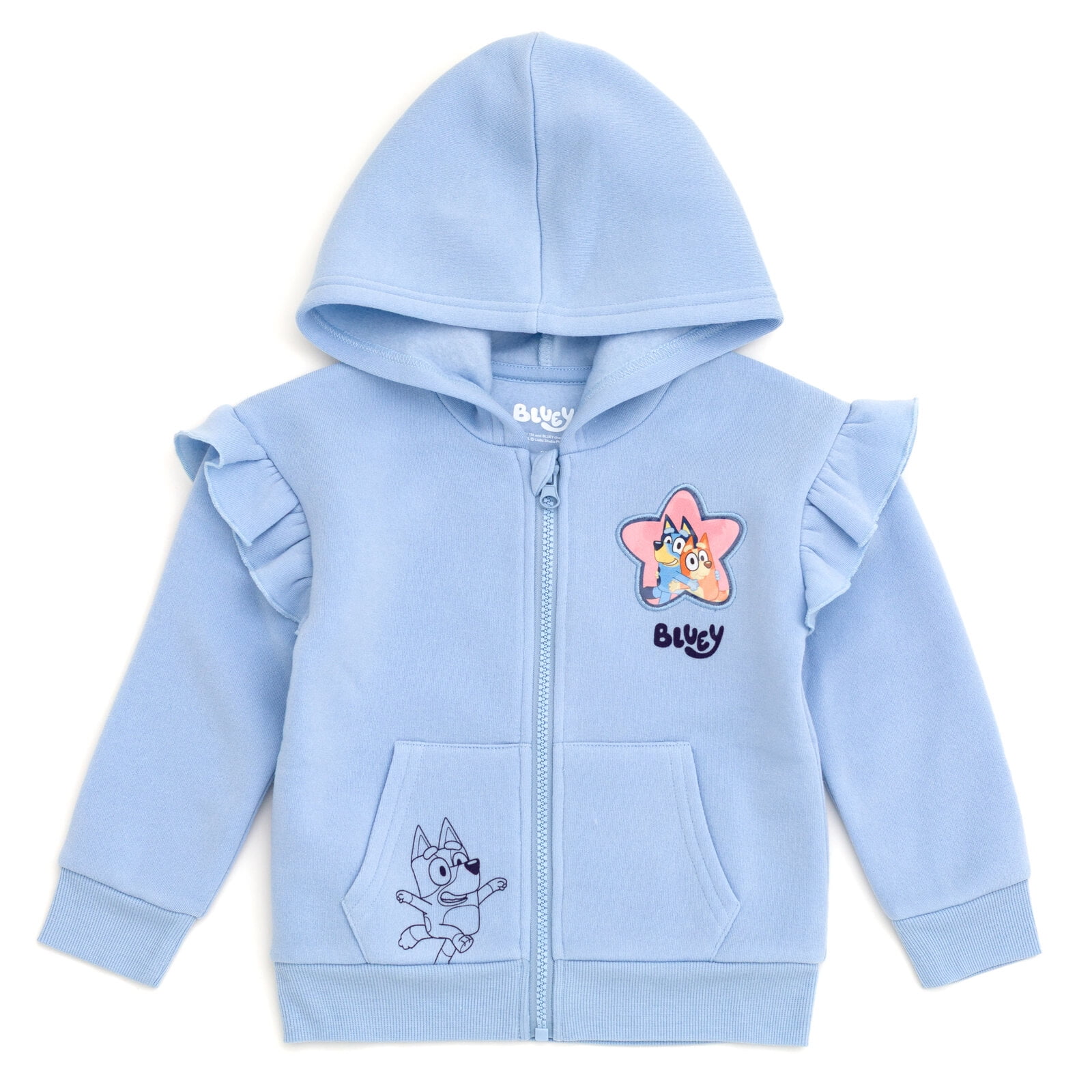 Bluey Bingo Fleece Drop Shoulder Zip Up Hoodie, Ribbed T-Shirt and Pants 3 Piece Outfit Set Toddler to Big Kid