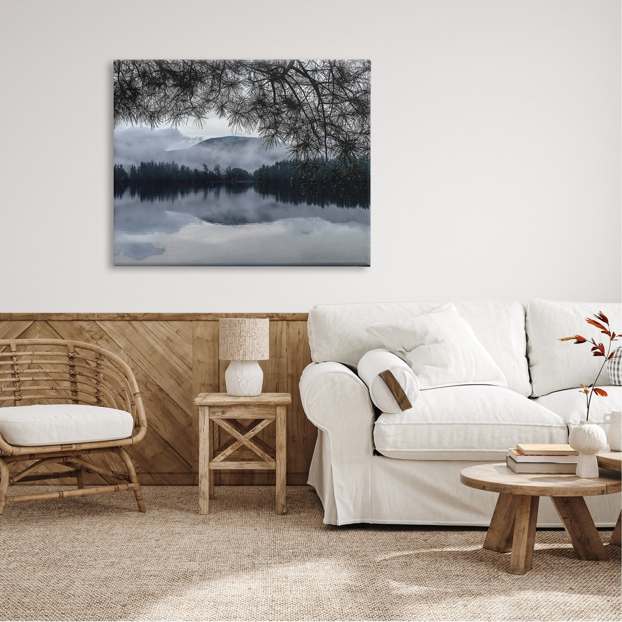 Stupell Industries Trees Surrounding Hazy Mountainous Landscape Lake Coastal Photography Gallery-Wrapped Canvas Print Wall Art, 48 x 36, Design by Kelly Sinclair
