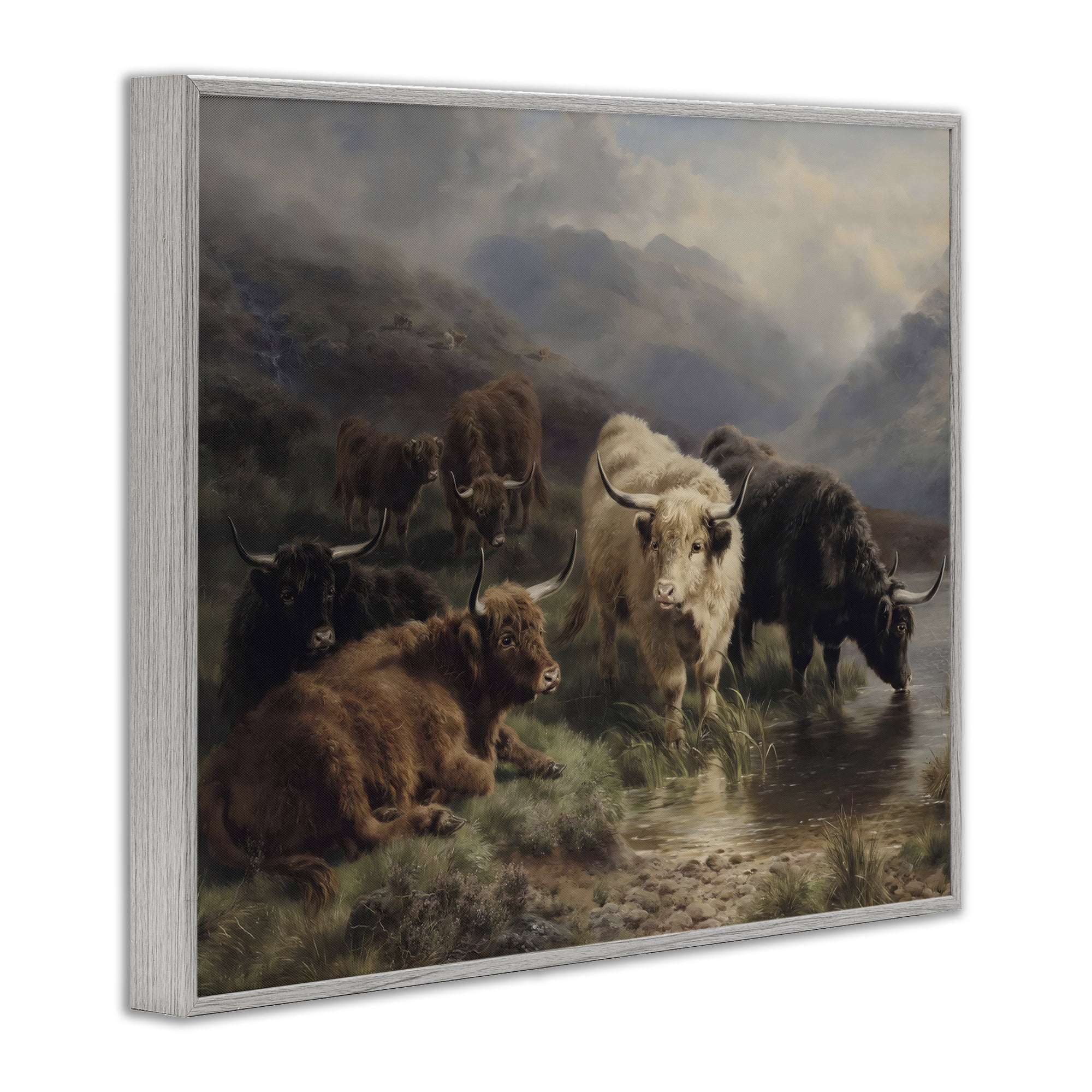 Stupell Industries Highland Cows Beside Misty Loch Gray Framed Giclee Art, design by Arlington Prints