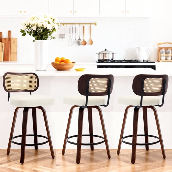 HUTWIFE Home Adult Rattan Back Faux Leather Upholstered and Walnut Bentwood Leg Bar Stools - Set of 3, Beige