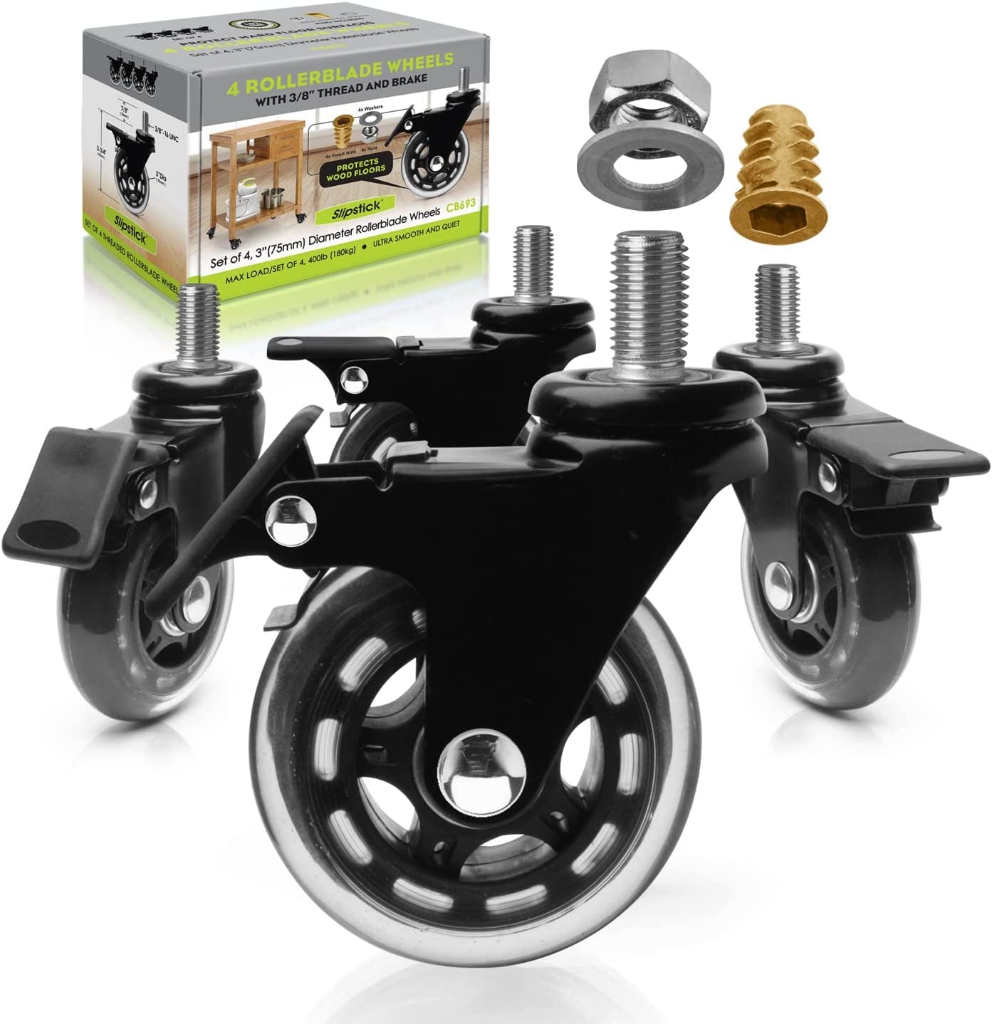 CB693 Premium 3 Inch Rubber Caster Wheels with Brake (4 Pack