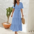 thumbnail image 5 of Lenpel Women's Maxi Dress Short Sleeve Wrap V Neck Tie Waist Tiered Textured Flowy A-Line Dress Casual Summer Sundresses, 5 of 7