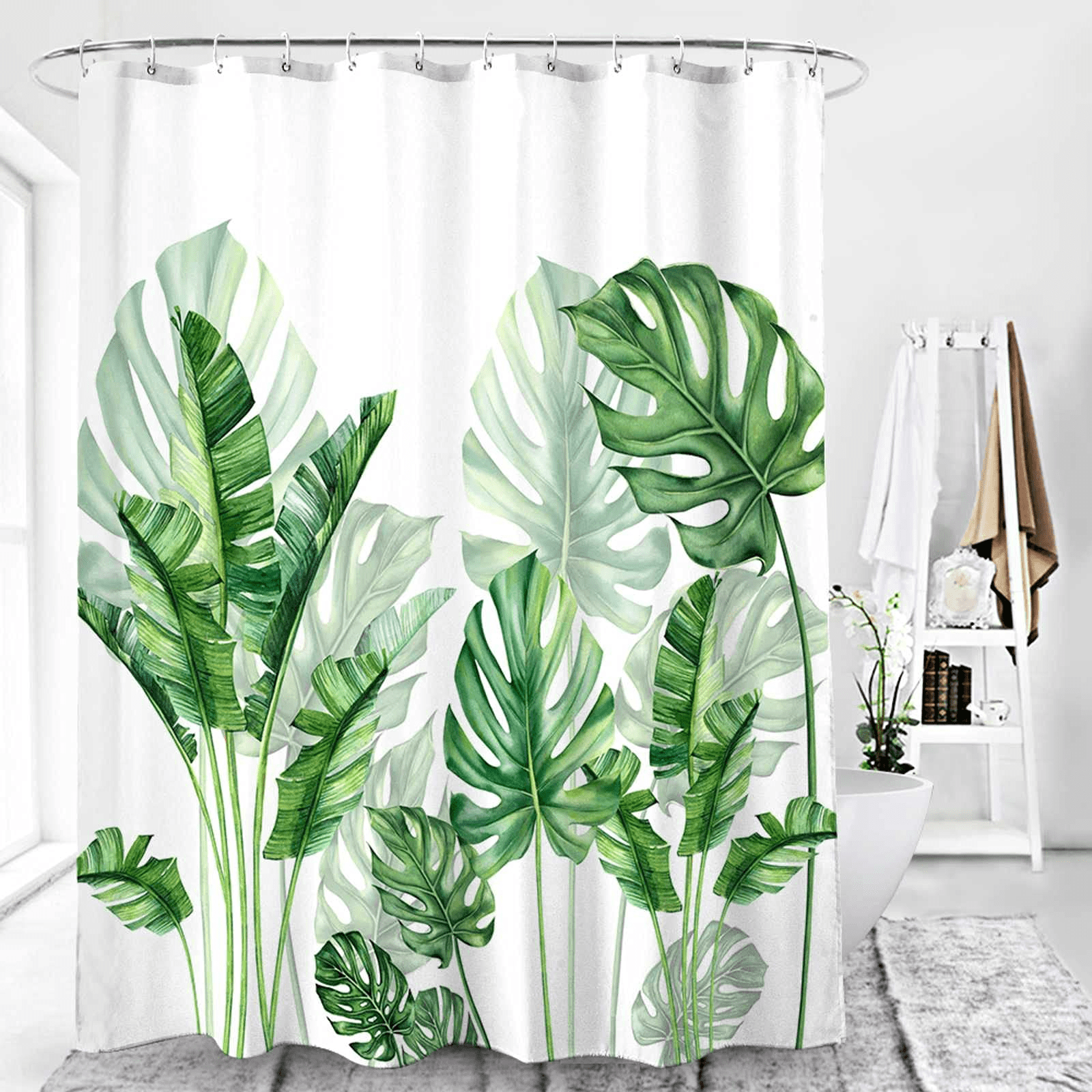 Tropical Leaves Waterproof Polyester Bathroom Shower Curtain With Free 12 Hooks 