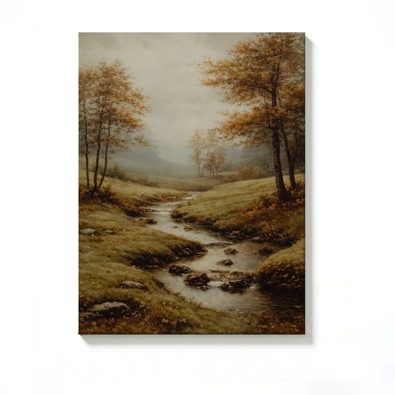 FLASHLUMI 8x12 Inch Misty Autumn Stream Landscape Oil Painting Canvas Wall Art, Rustic Nature Decor for Living Room Bedroom, No Frame